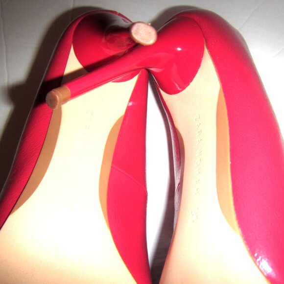 Zara Woman Size EU 39 U 8.5 Red Pointed Toe Faux Leather Stiletto Pumps, 4" Heel - Picture 5 of 9